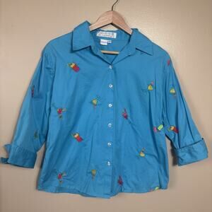Vintage Casey Coleman Cocktail Embroidered Cotton Button Up Shirt Blue Womens M